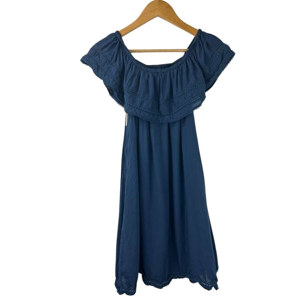 Aritzia Wilfred Women's Small Dress Navy Blue Off the Shoulder Ruffle Retail